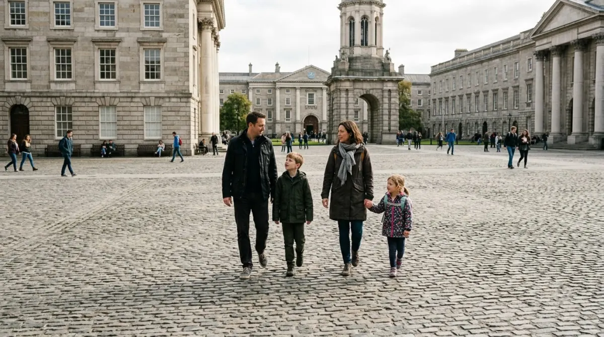 A family with two children walking across a cobbled college square with old stone buildings, Trinity College, Dublin, Ireland