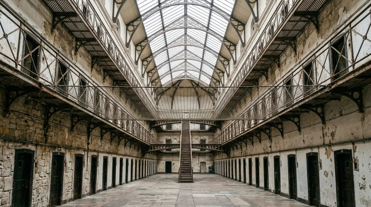A long Victorian prison hall with iron walkways, cell doors on three levels and a skylight roof, Kilmainham Gaol, Dublin, Ireland