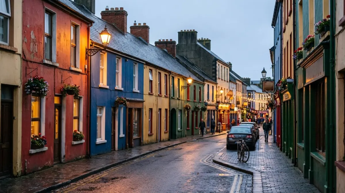 A quiet side street of colourful terraced houses one block back from a lively pedestrian lane in the evening, Galway, Ireland