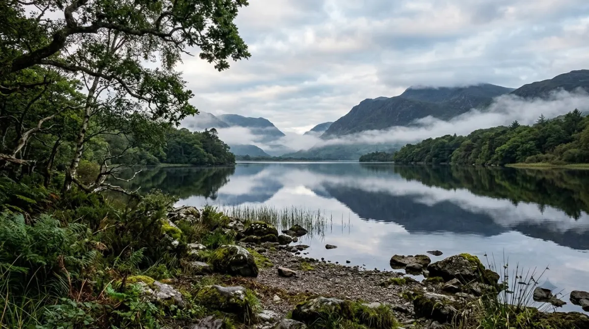 A calm lake with wooded shores and dark mountains behind in soft morning light, Killarney National Park, County Kerry, Ireland