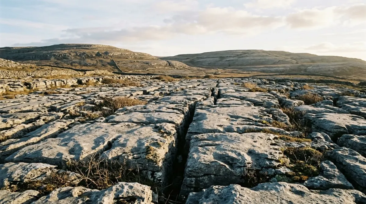 Grey limestone pavement with cracks and low winter sun across the bare hills, the Burren, County Clare, Ireland