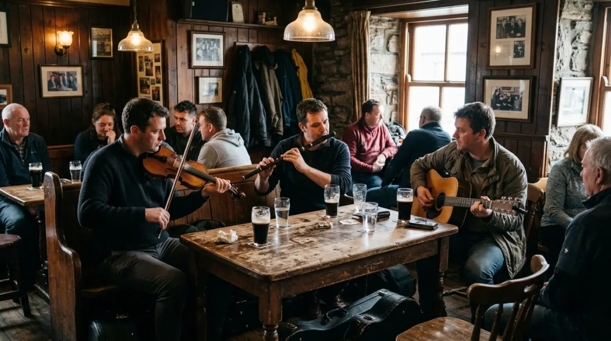 Musicians playing fiddle, flute and guitar around a pub table in a warm dim traditional Irish pub, Doolin, County Clare, Ireland