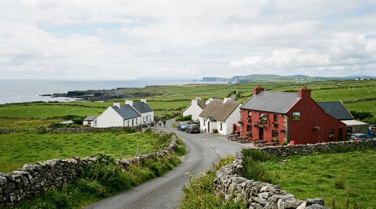 A handful of whitewashed cottages and a small pub in green fields near the sea on a summer day, Doolin, County Clare, Ireland