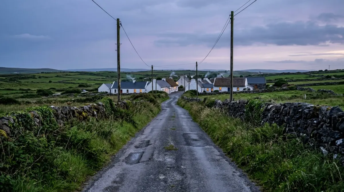 A narrow country road with grass verges and stone walls leading to a small village of white cottages at dusk, Doolin, County Clare, Ireland