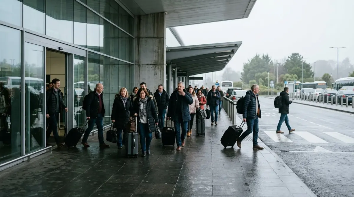 Travellers with suitcases walking out of an airport arrivals hall into grey morning light, Ireland