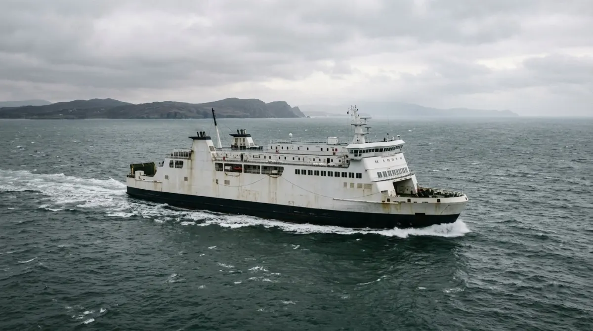 A large car ferry crossing a grey sea with a coastline on the horizon, Irish Sea