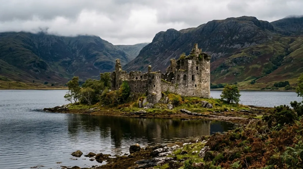A ruined stone castle on a small island in a still loch with mountains behind, Scottish Highlands