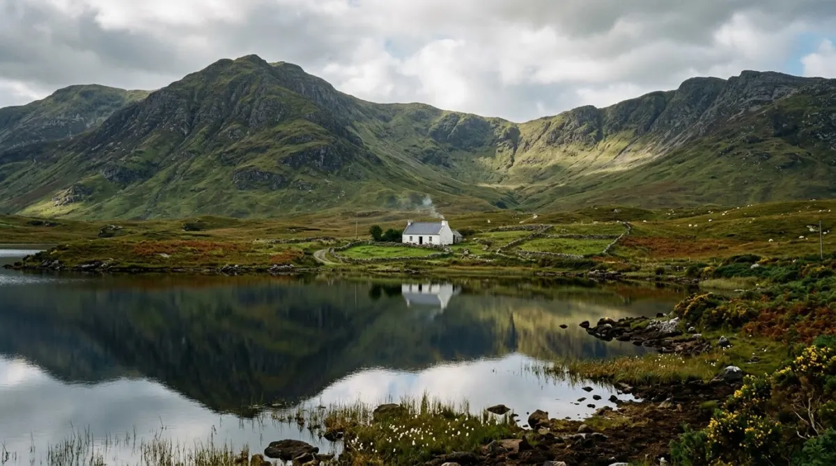 Rugged green mountains above a still lake and a white cottage, Connemara, County Galway, Ireland