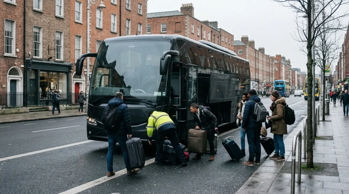 A coach waiting at a city kerb with travellers loading=