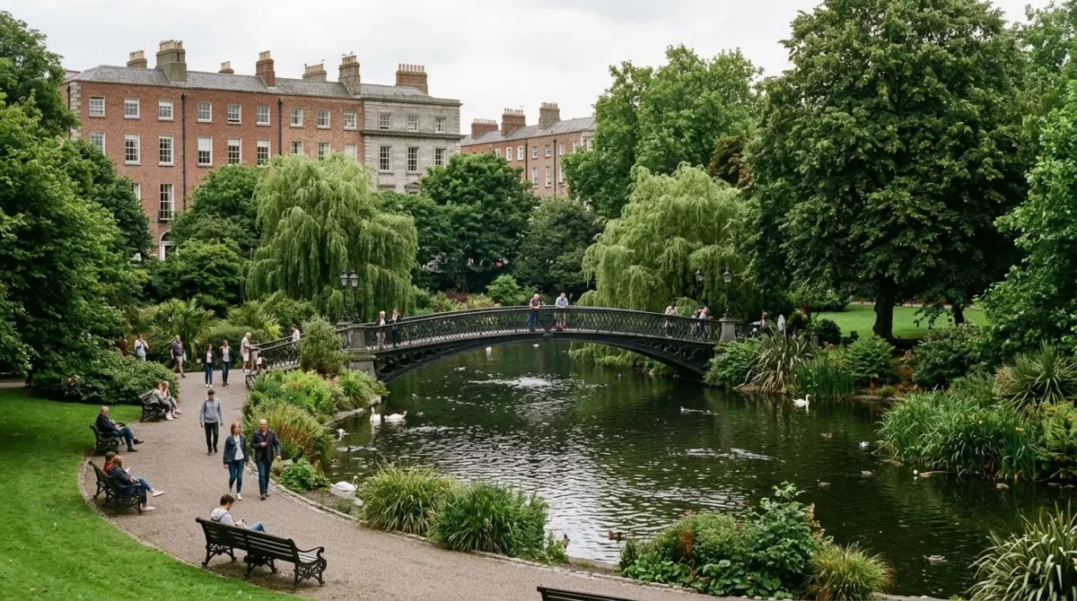 A Victorian park with a pond, an ornamental bridge and Georgian buildings behind the trees, St Stephen's Green, Dublin, Ireland