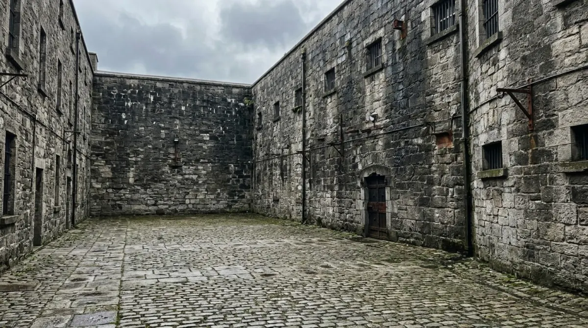A grey stone prison yard with high walls and a small door under an overcast sky, Kilmainham Gaol, Dublin, Ireland