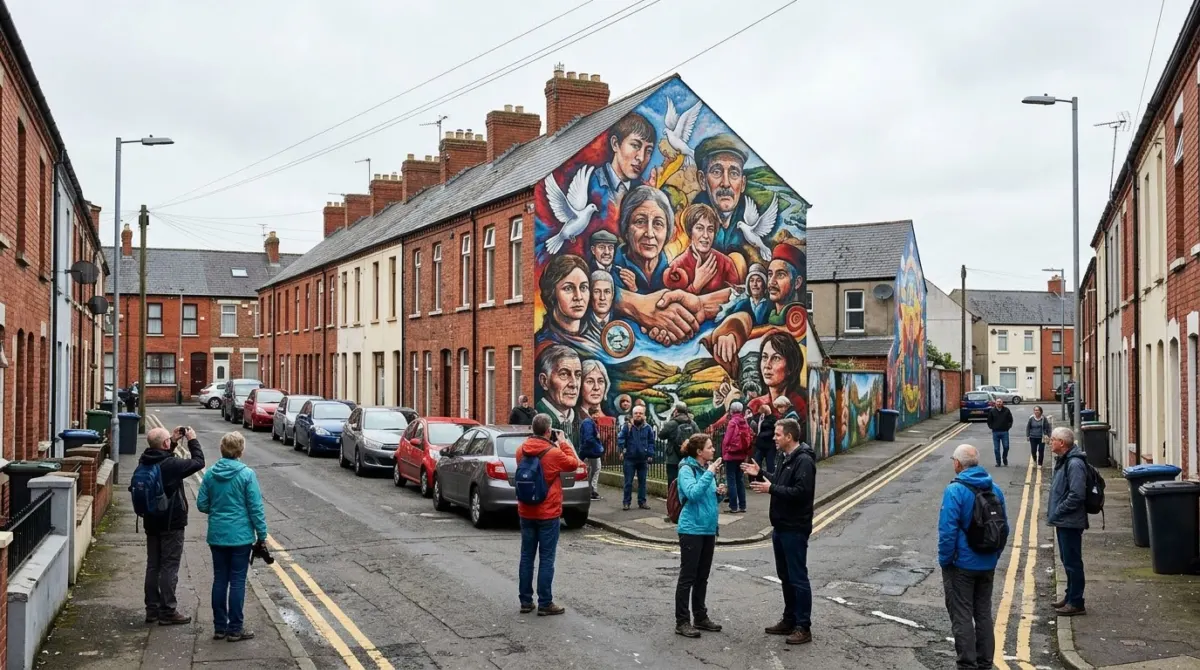 A terraced street with large colourful painted murals on gable walls and visitors looking at them, Belfast, Northern Ireland
