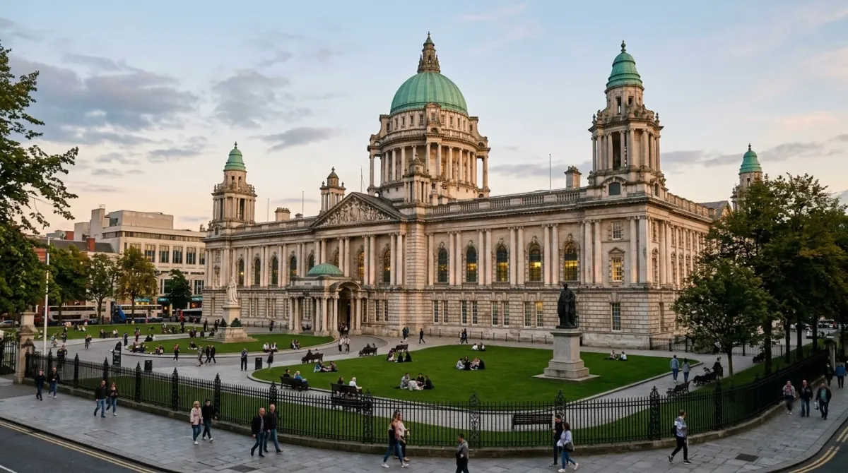 A grand domed stone city hall with lawns in front and people passing in early evening light, Belfast, Northern Ireland