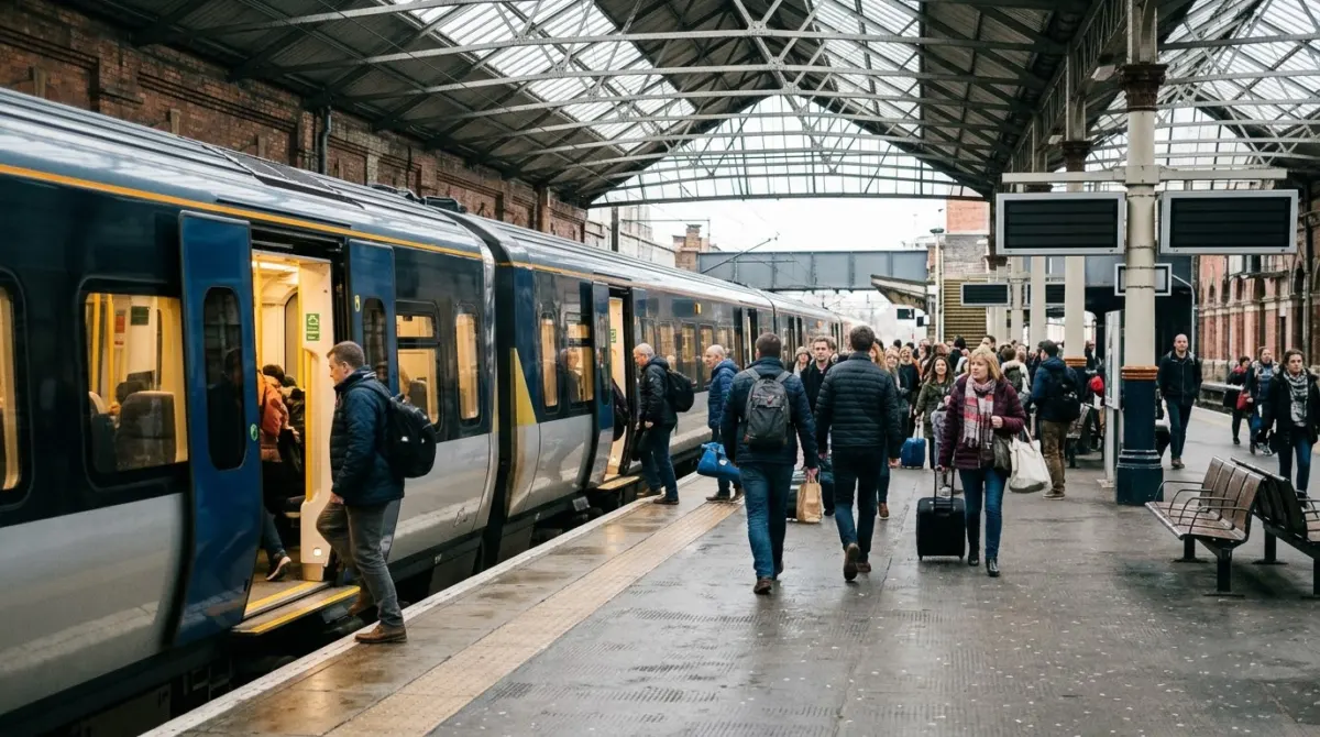 A modern train at a covered station platform with passengers boarding, Belfast, Northern Ireland