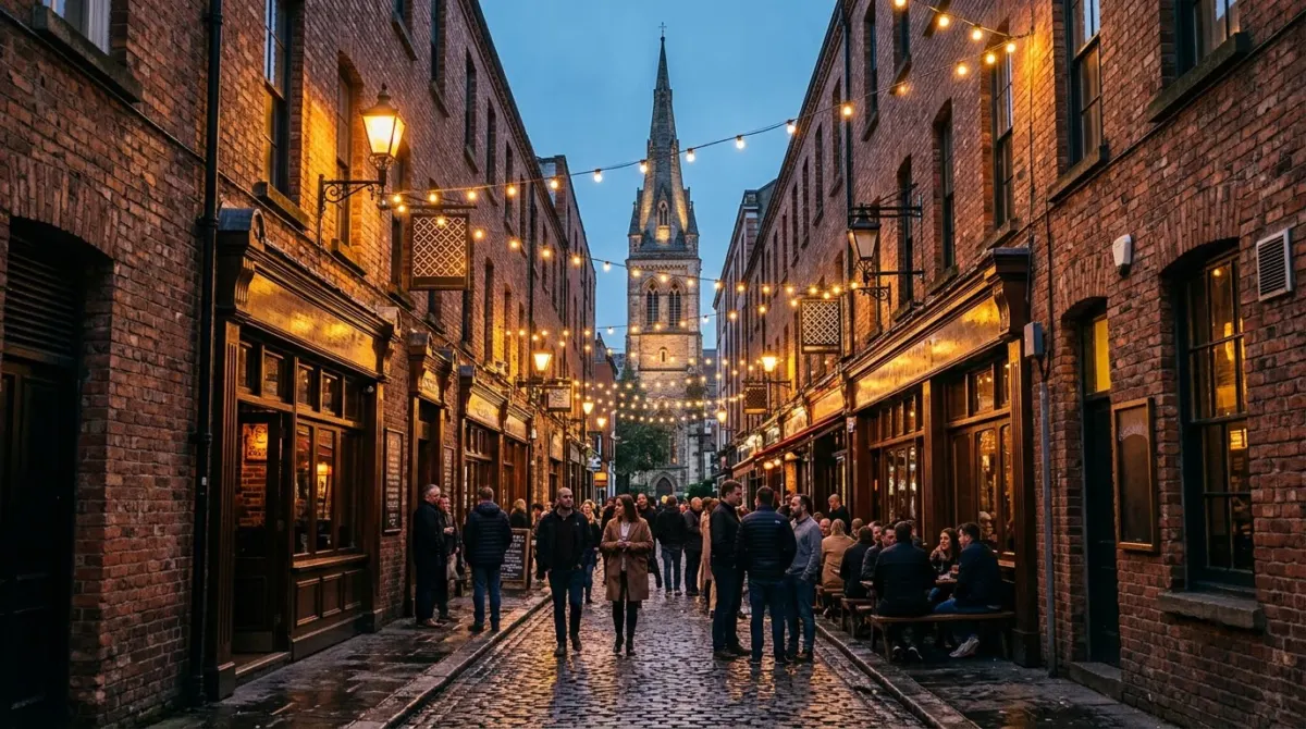 A cobbled lane with red brick bars, hanging lights and a church spire at the end in the evening, Cathedral Quarter, Belfast, Northern Ireland