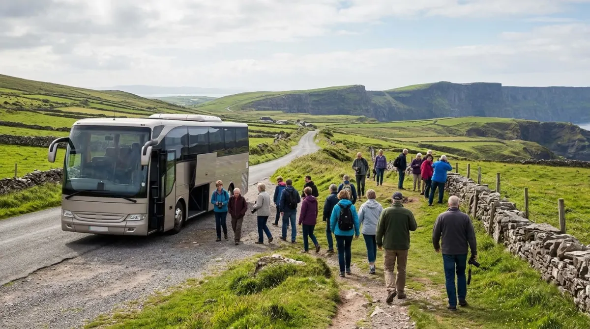 A tour coach parked by a green roadside with passengers walking towards a viewpoint, Ireland