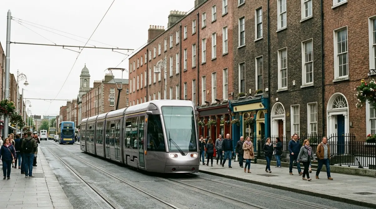 A modern silver tram on a city street with Georgian buildings and pedestrians, Dublin, Ireland