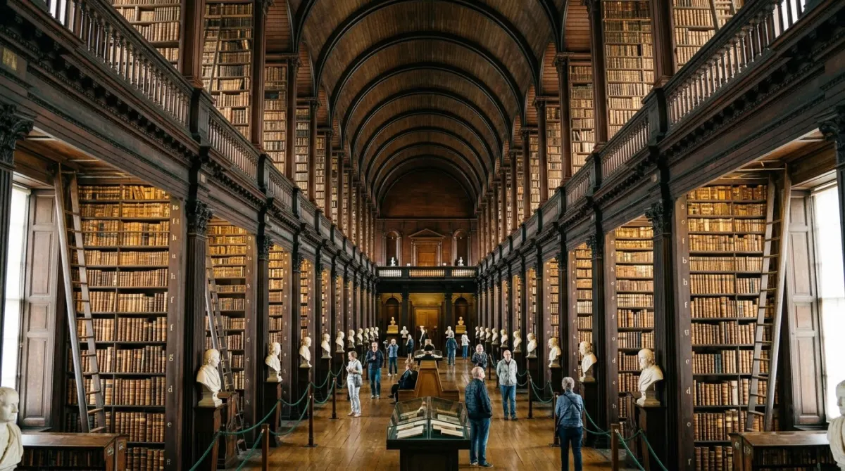A long wood-panelled library hall with a barrel-vaulted ceiling and tall shelves of old books, Trinity College, Dublin, Ireland