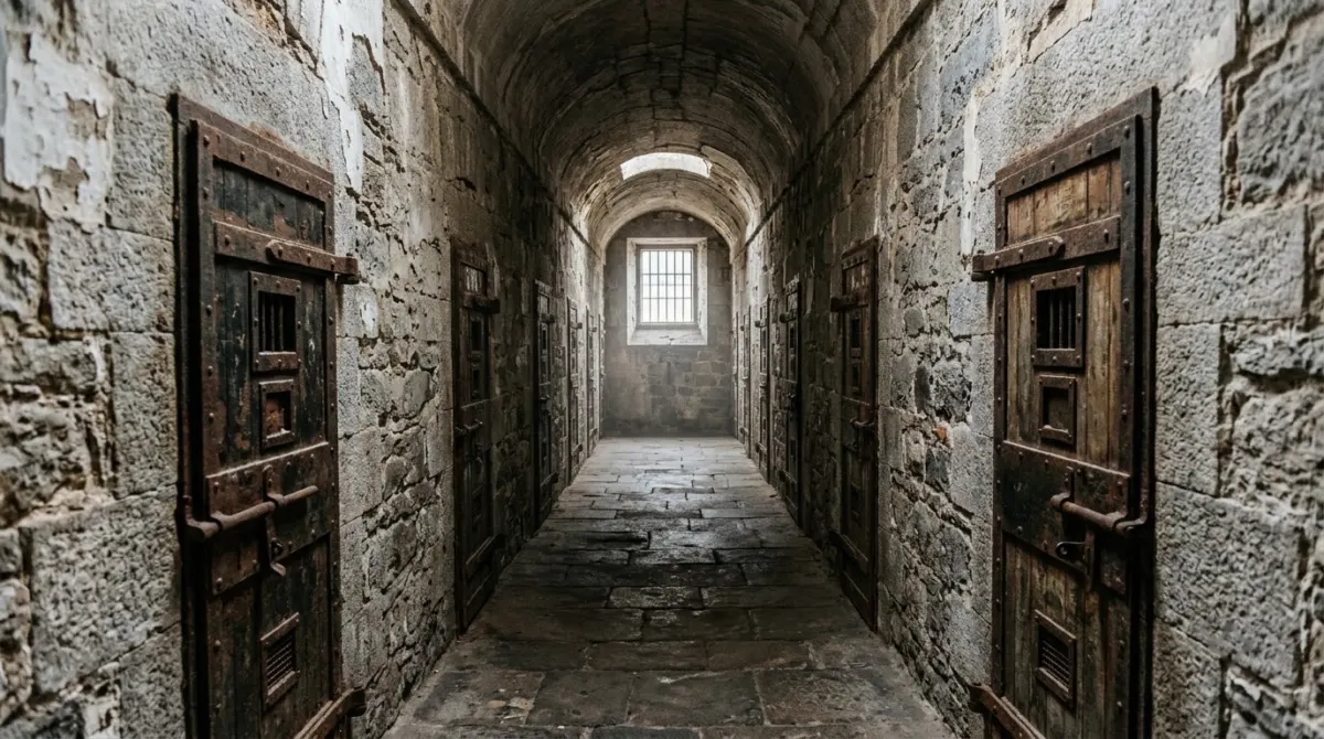A narrow stone prison corridor lined with heavy cell doors and a small window of light at the end, Kilmainham Gaol, Dublin, Ireland