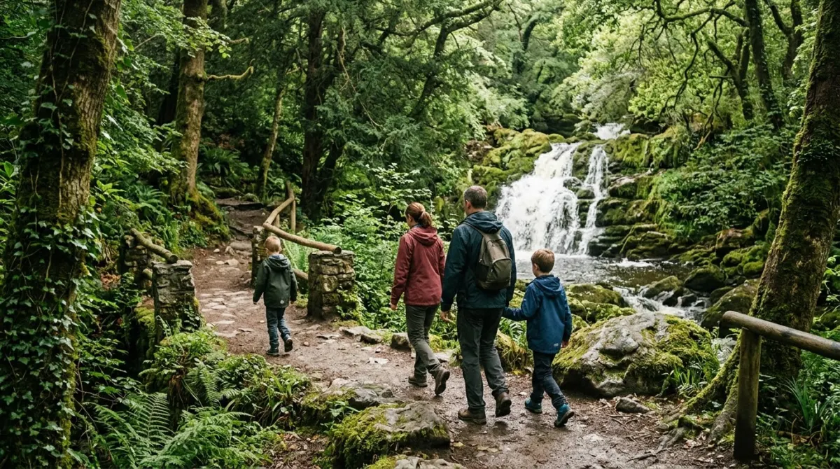 A family with children walking along a wooded path towards a waterfall, Killarney National Park, County Kerry, Ireland