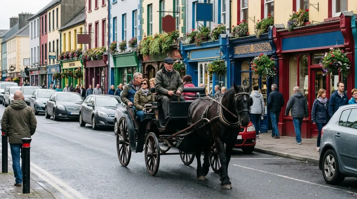 A horse-drawn jaunting car on a busy town street with parked cars and colourful shopfronts, Killarney, County Kerry, Ireland