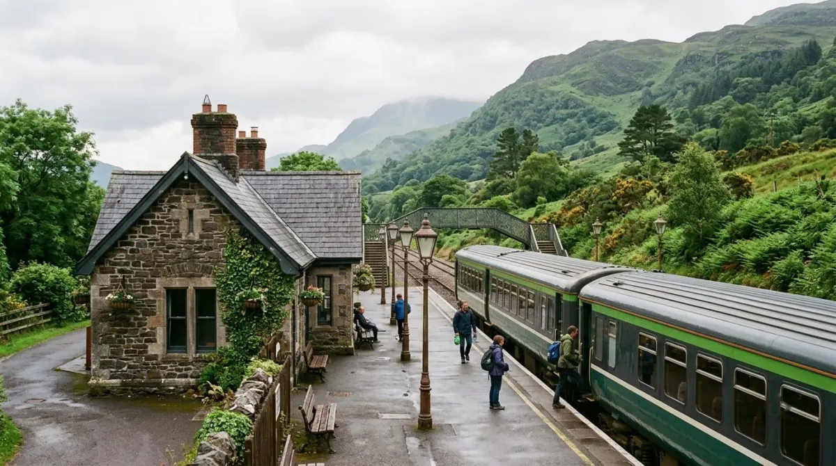 A small stone railway station with a train at the platform and green hills behind, Killarney, County Kerry, Ireland