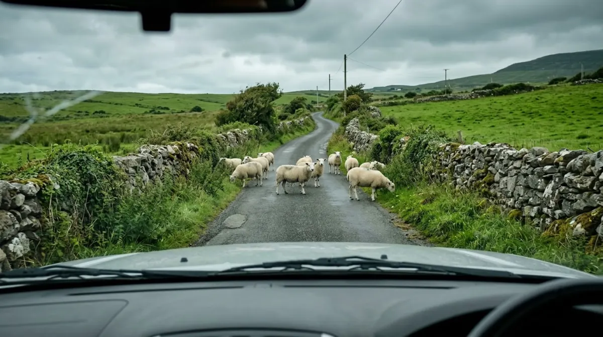 A view through a car windscreen of a narrow winding road with stone walls and sheep ahead, rural Ireland