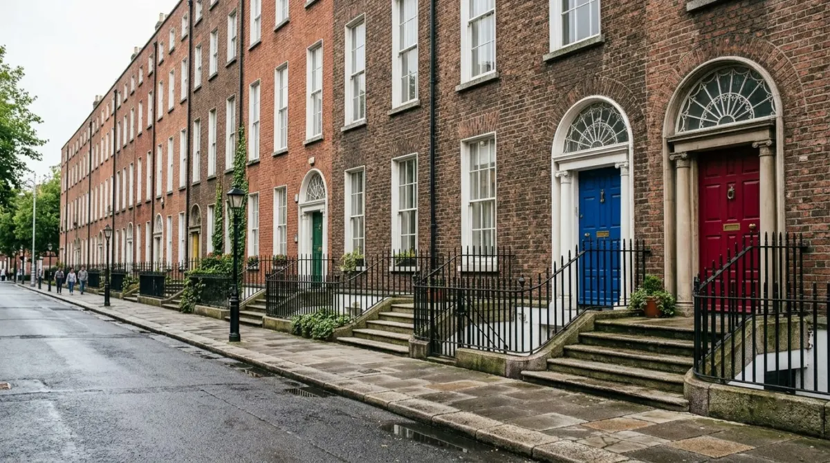 A row of brick Georgian townhouses with brightly painted front doors and fanlights, Dublin, Ireland
