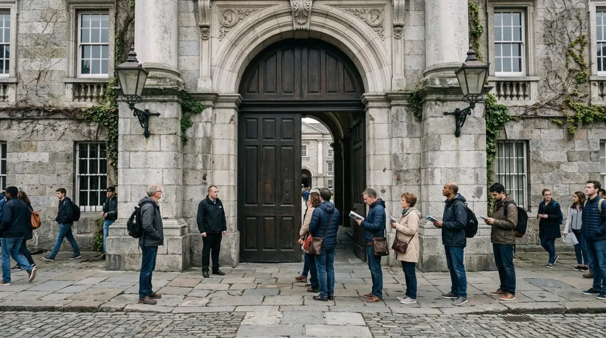 Visitors waiting in a short line at the stone entrance of an old college building, Trinity College, Dublin, Ireland
