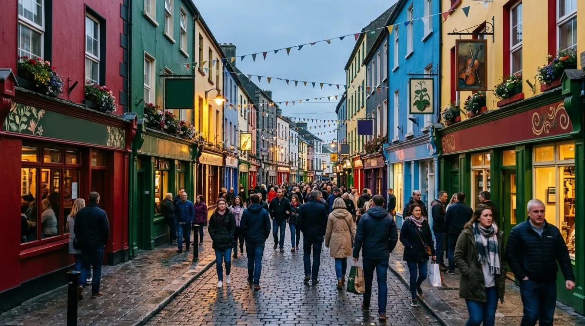 A lively pedestrian street of colourful pubs and shops in early evening with people walking, Latin Quarter, Galway, Ireland