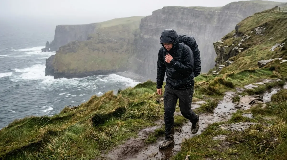 A traveller in a waterproof jacket and walking shoes on a wet grassy clifftop in sideways rain, west coast of Ireland