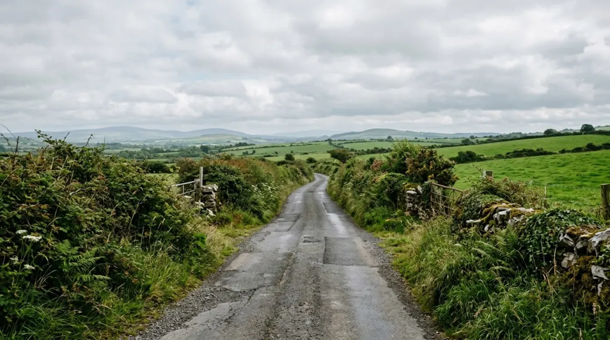 A quiet rural road running between green fields and hedgerows with no checkpoint in sight, border country, Ireland