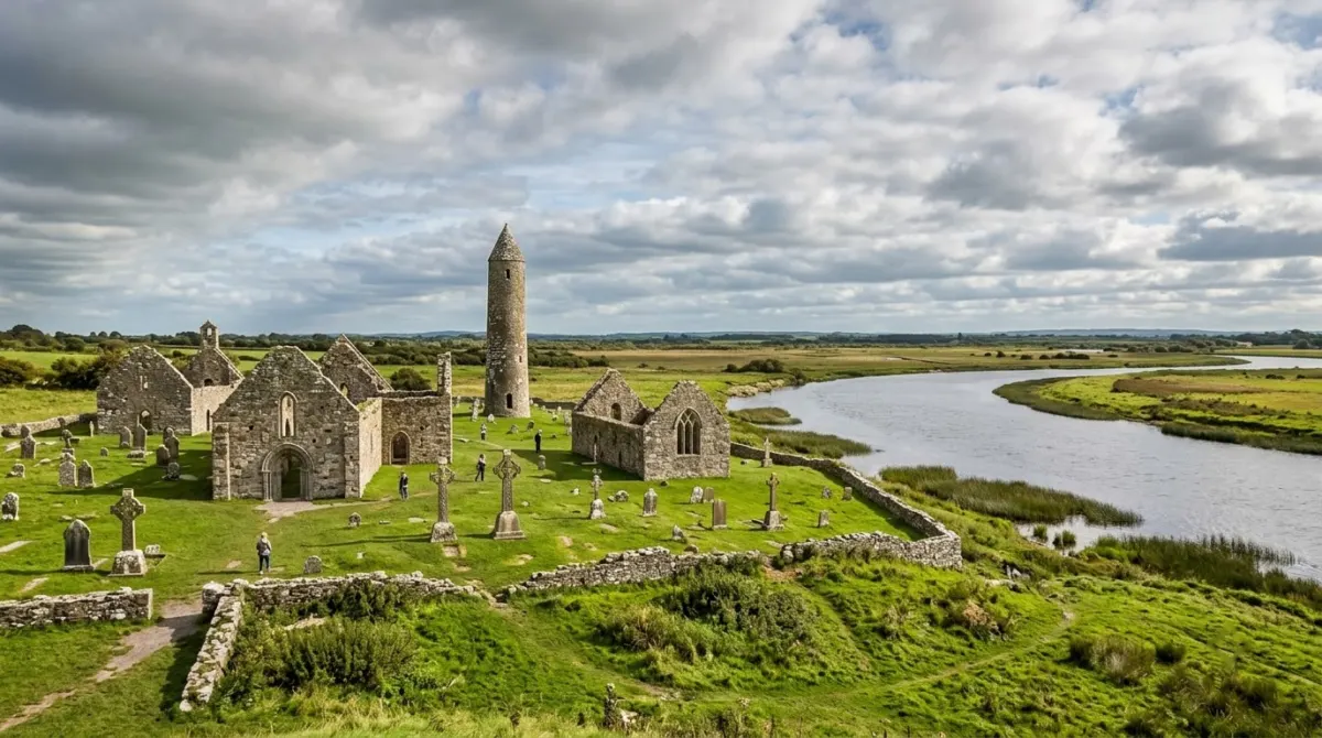 Ruined stone churches and high crosses on a green riverbank under a big sky, Clonmacnoise, Ireland