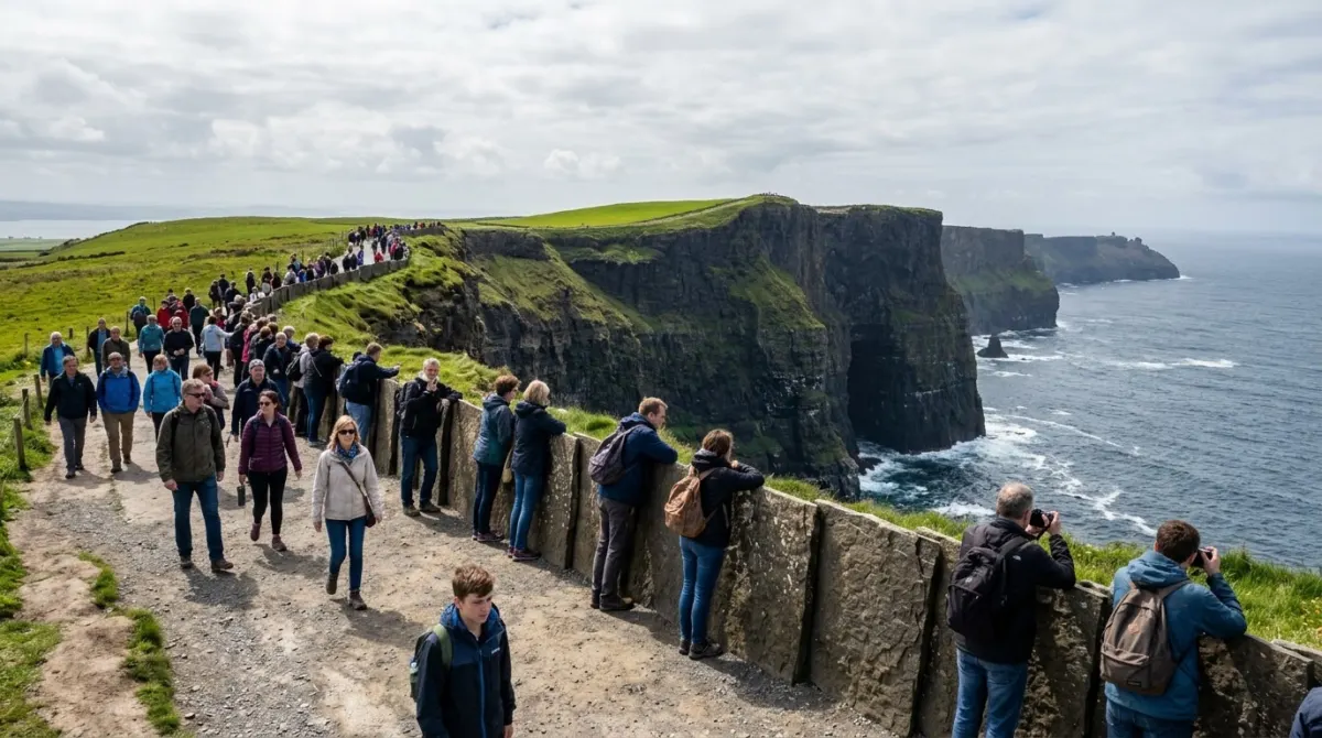 Visitors along a stone-walled path at the top of high sea cliffs on a busy day, Cliffs of Moher, Ireland