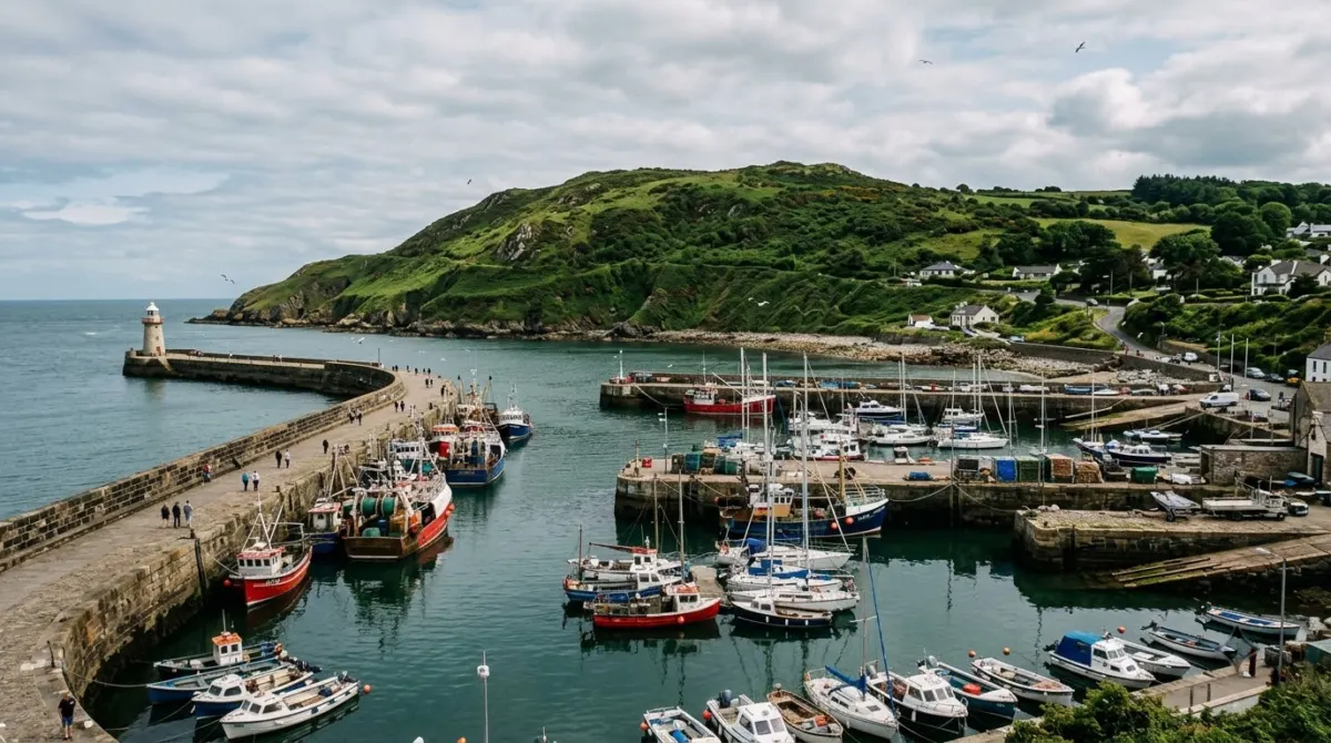 A small fishing harbour with boats, a pier and green headland above, Howth, Dublin, Ireland