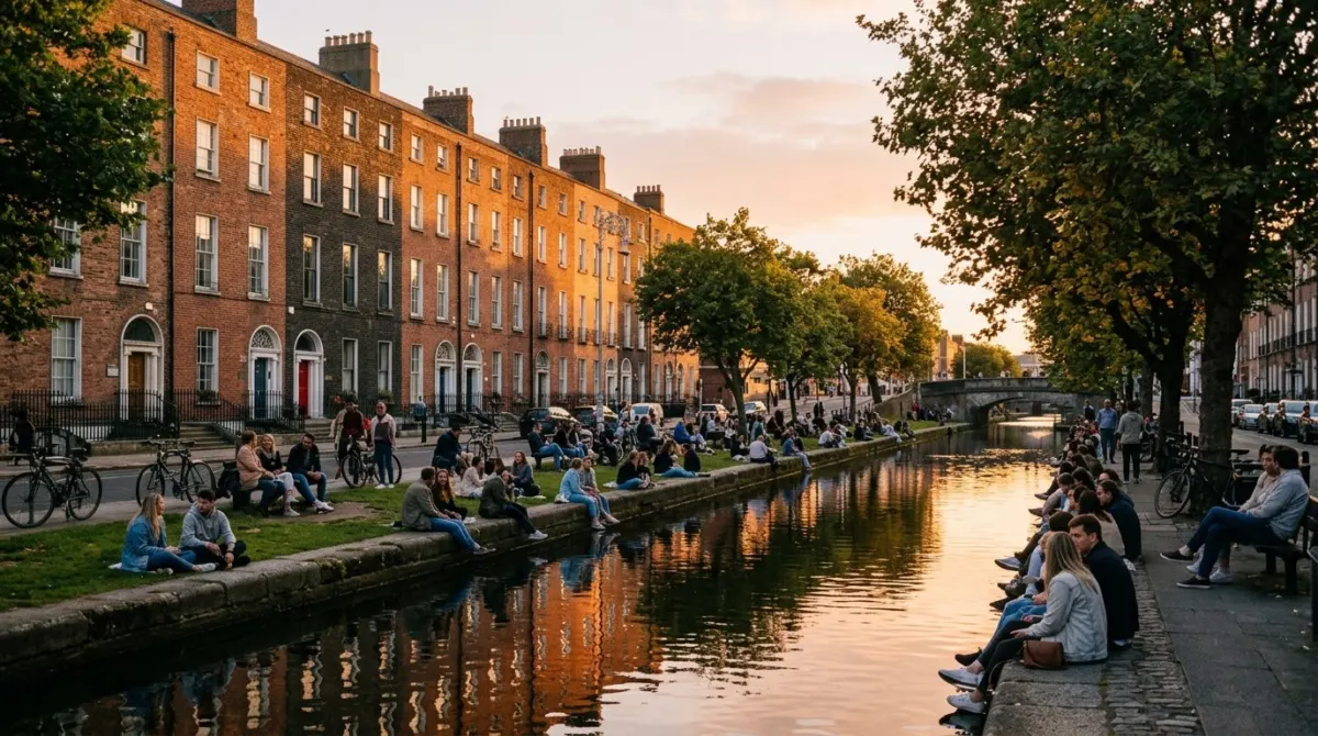 Georgian buildings along a canal in warm late evening summer light with people sitting by the water, Dublin, Ireland