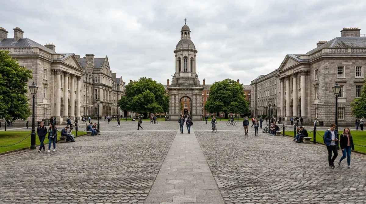 A cobbled square framed by grey stone college buildings and a bell tower, Trinity College, Dublin, Ireland