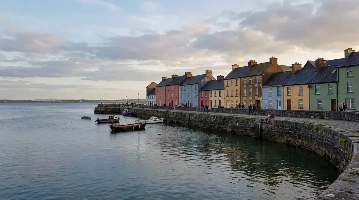A calm bay with a stone quay and colourful houses in soft evening light, Galway, Ireland