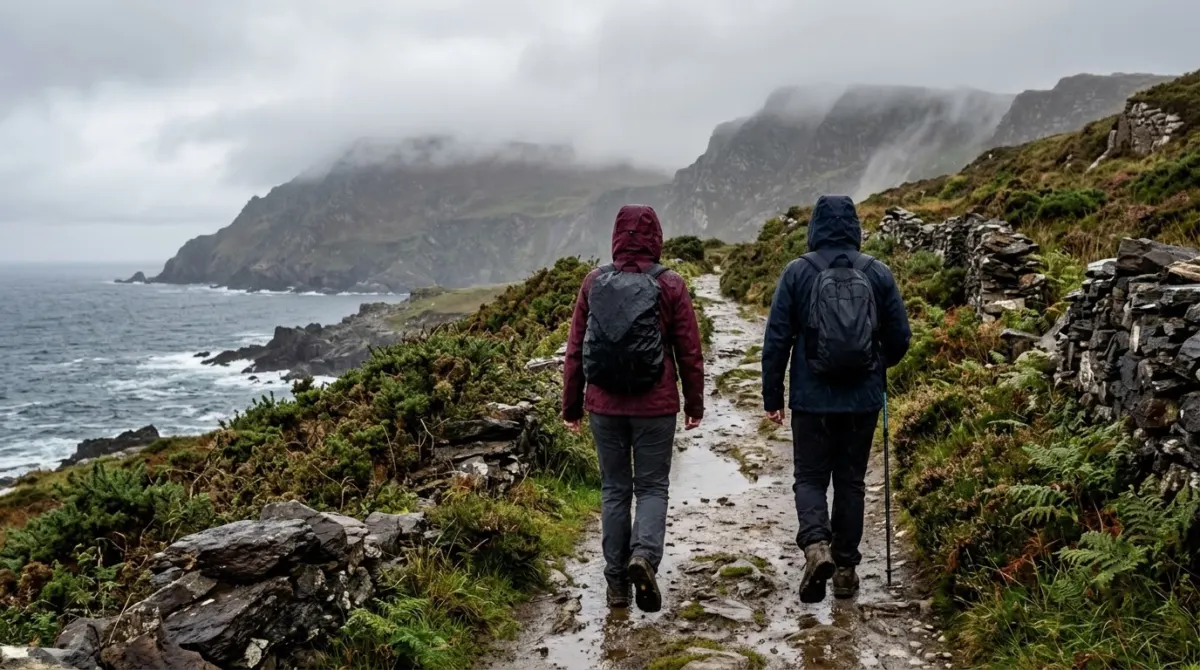 Two walkers in rain jackets on a wet coastal path with low cloud over the hills, Ireland
