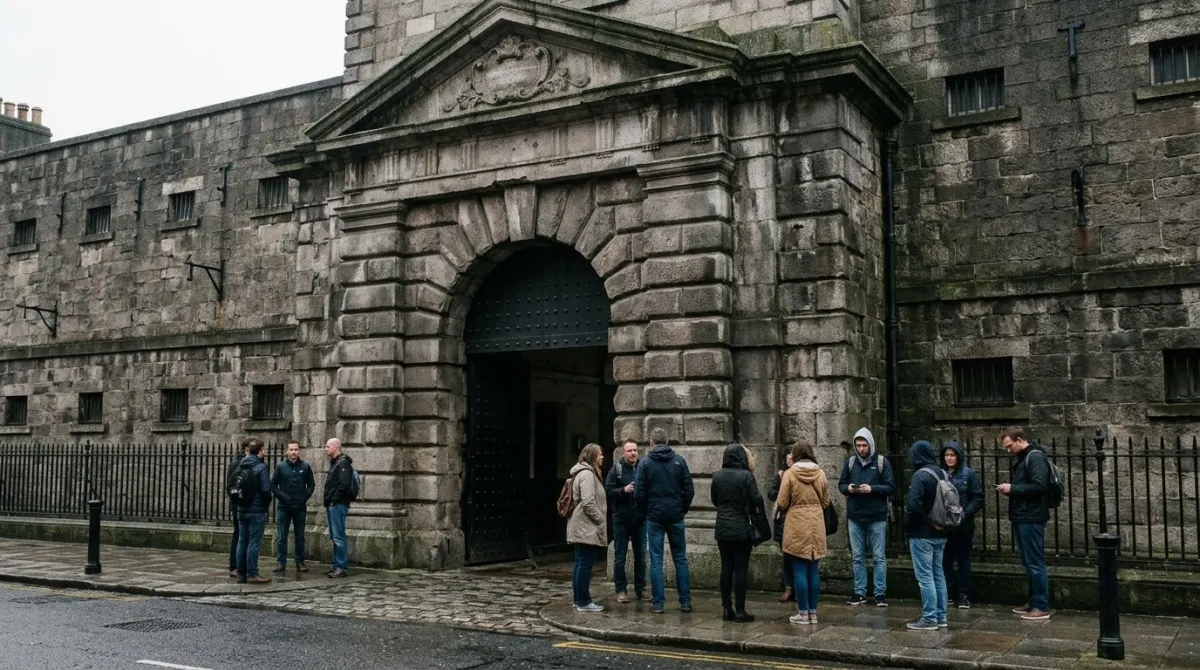 The heavy stone gateway of an old prison with a small group waiting outside, Kilmainham Gaol, Dublin, Ireland