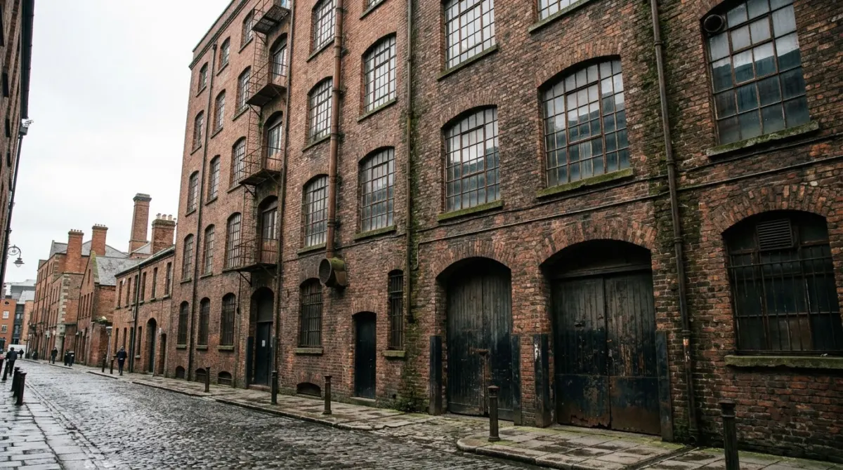 A tall old brick brewery building with large windows on a cobbled street, Dublin, Ireland