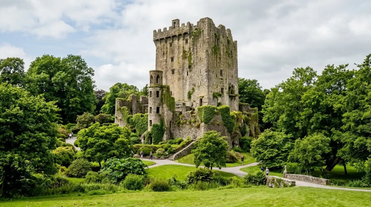 A tall ruined stone tower house above lush green gardens and trees, Blarney Castle, County Cork, Ireland