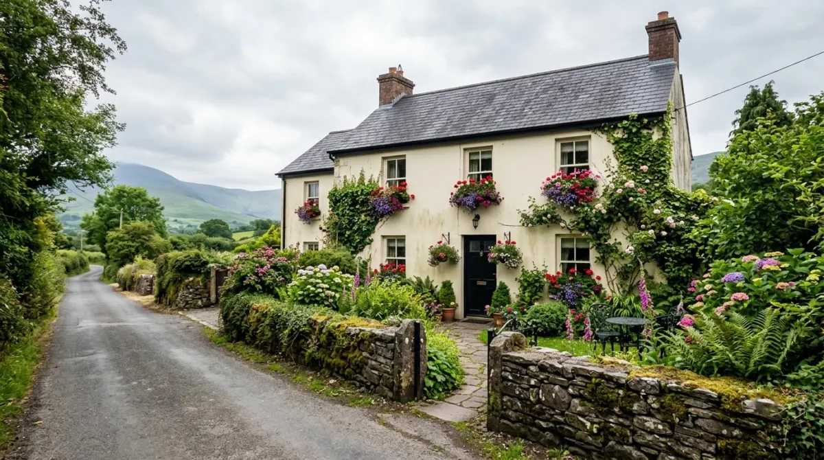 A small two-storey guesthouse with flower boxes and a garden on a quiet road, Killarney, County Kerry, Ireland