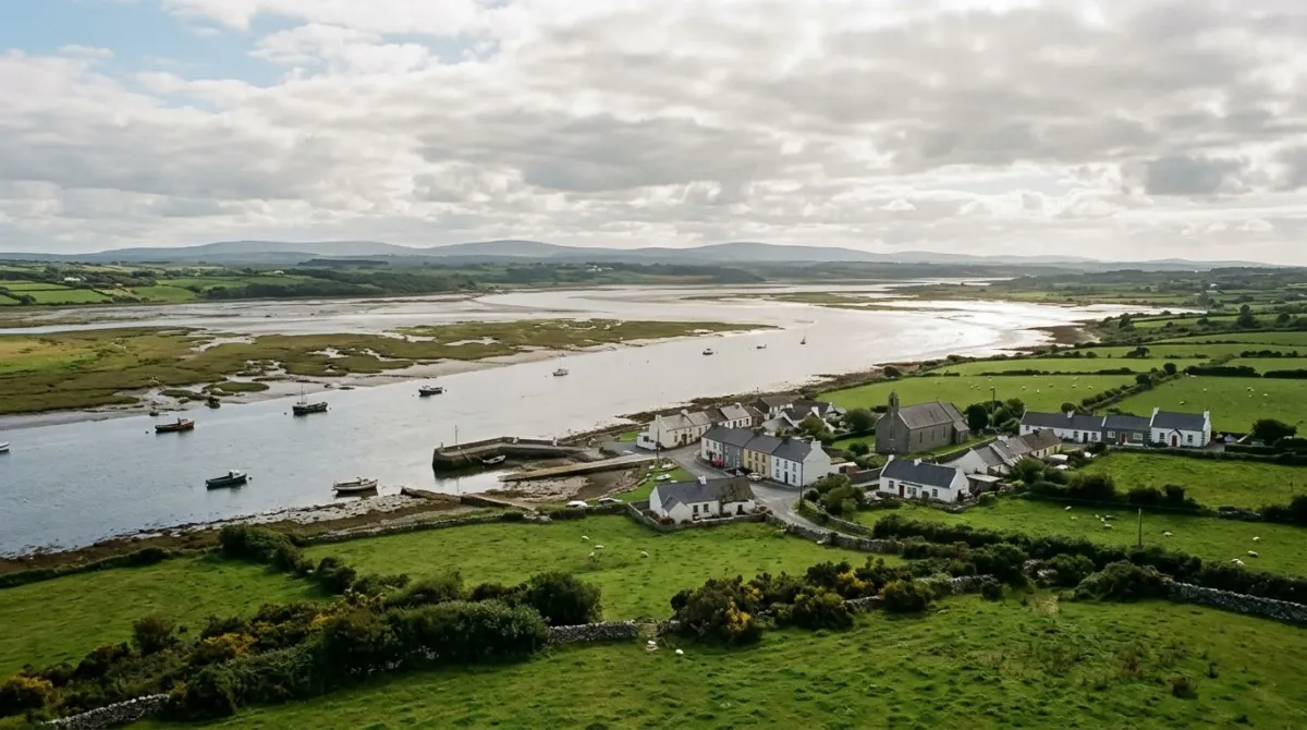 A wide river estuary with low green fields and a small village on the shore, County Clare, Ireland