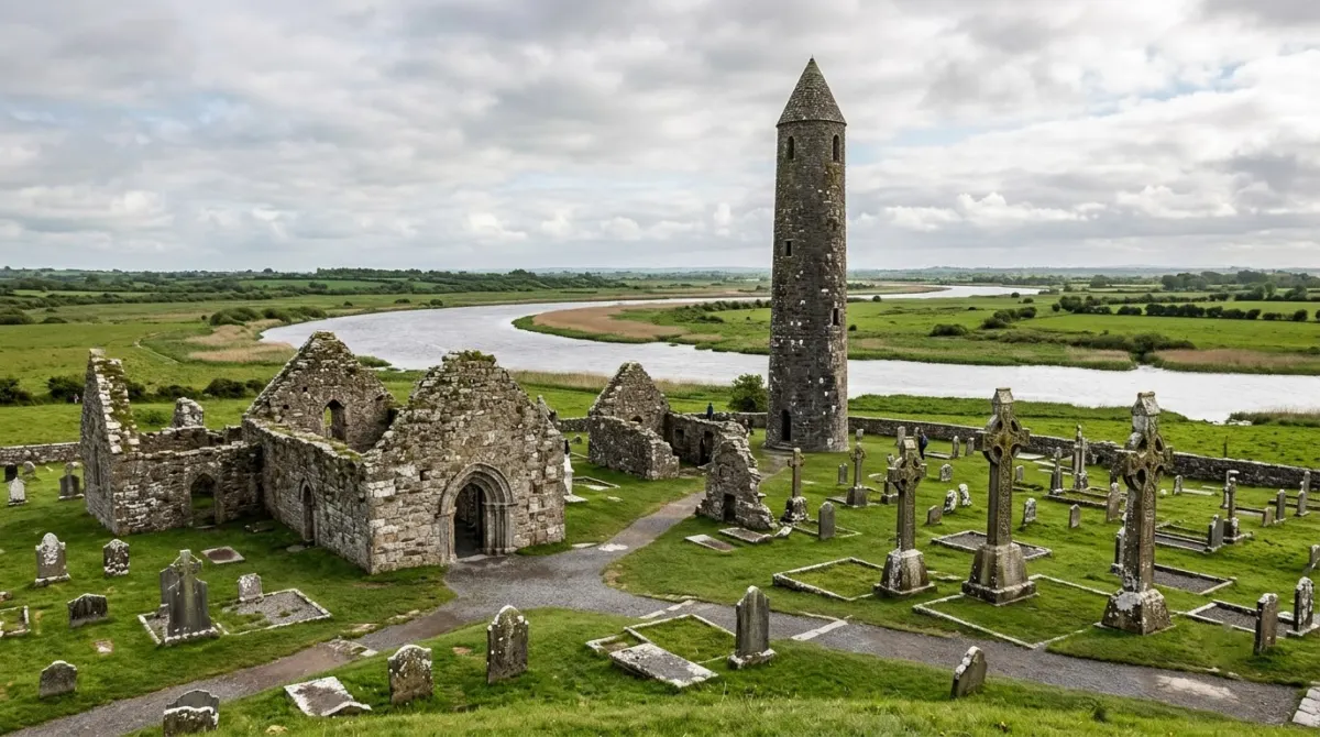 Ruined stone churches, a round tower and high crosses on a bend of a wide river, Clonmacnoise, Ireland