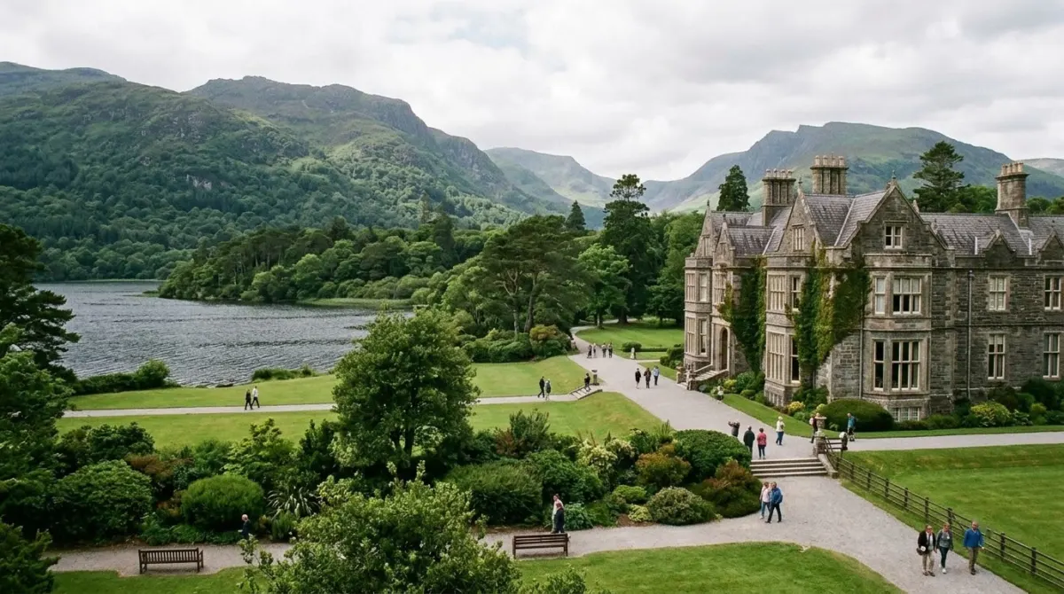 A large Victorian manor house with gardens beside a lake and wooded hills, Muckross House, Killarney, Ireland