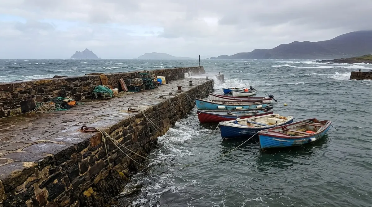Small boats tied at a stone pier with a rough sea beyond and islands on the horizon, Portmagee, County Kerry, Ireland