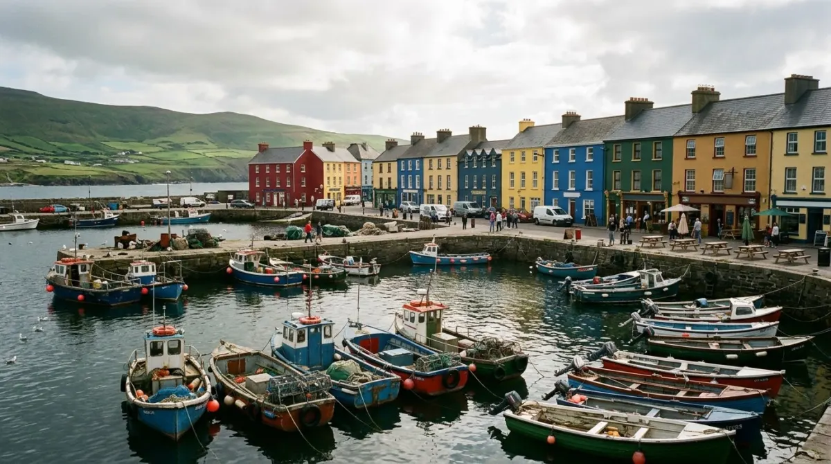 Colourful fishing boats in a small harbour with a row of painted houses and restaurants on the quay, Dingle, County Kerry, Ireland
