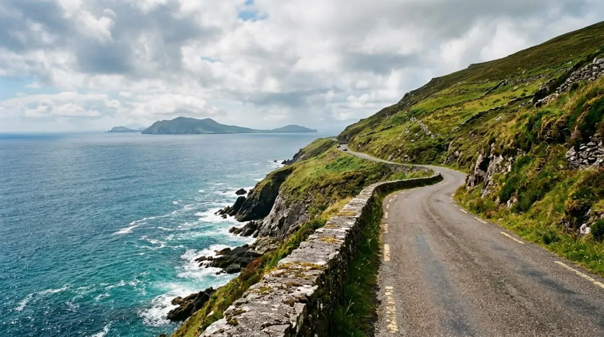A clifftop road above a turquoise sea with the Blasket Islands offshore, Slea Head, Dingle Peninsula, Ireland