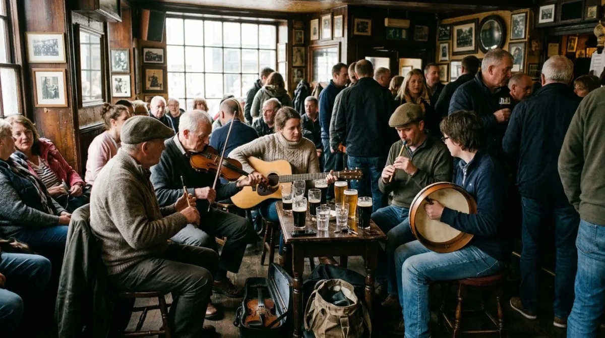 Musicians playing a traditional session around a small table in a crowded wooden pub, Dublin, Ireland